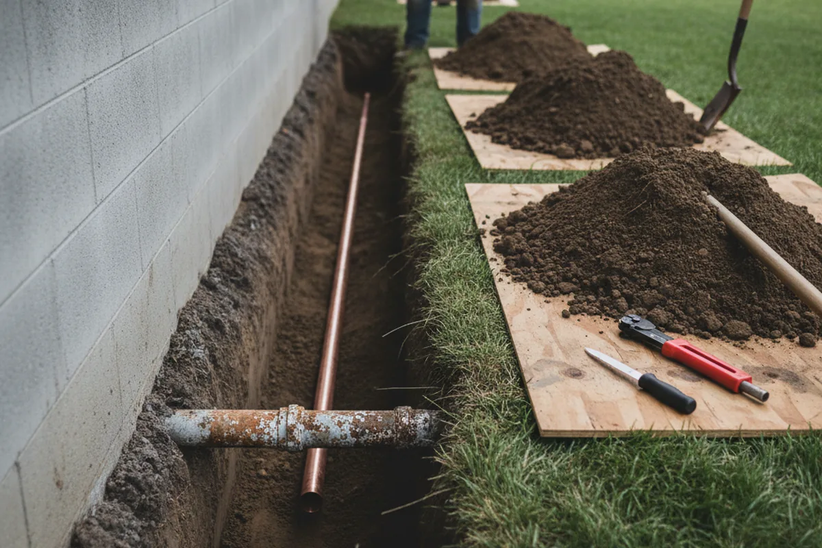 Excavated water line trench during Water Softener Installation in Treichlers